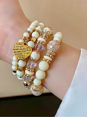 New! White & Gold Heart Charm Stackable Bracelet Set (NWT)